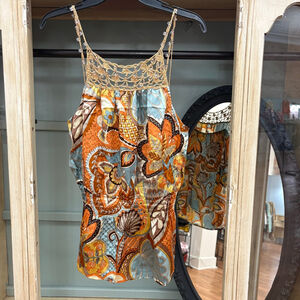 Cache Orange Blue Patterned Silk Tank Top M